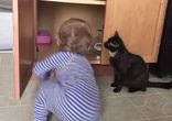 Кошка прячет малышка в шкафу