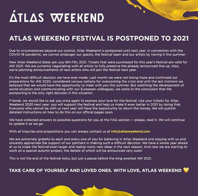 Atlas Weekend 2020 перенесли на следующий год