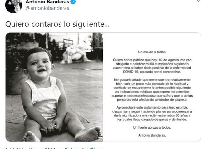 Публикация Антонио Бандераса в Twitter