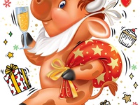 Милая открытка на Новый год быка
