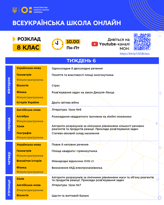 6 неделя Всеукраинской школы онлайн: расписание уроков