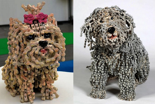 Симпатичные скульптуры собак из велосипедных цепей
